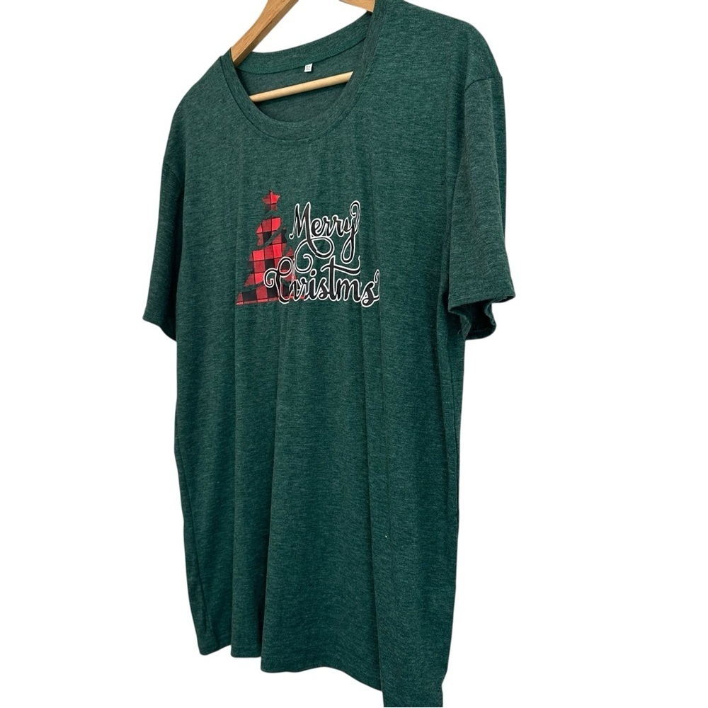 NEW Women's XL Green Plaid "Merry Christmas" Tree Holiday Cotton Blend T-Shirt - Picture 3 of 4